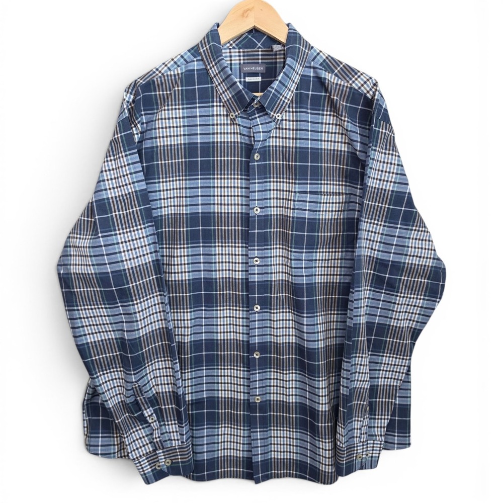Van Heusen Dress Shirt Mens 18-18.5 XXL 2XL Blue Plaid Button Classic Fit Career